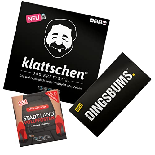 DENKRIESEN klattschen - Das Brettspiel | Stadt Land VOLLPFOSTEN - Das Kartenspiel - Rotlicht Edition | PARTYFIEBER DINGSBUMS | Spar-Set von DENKRIESEN