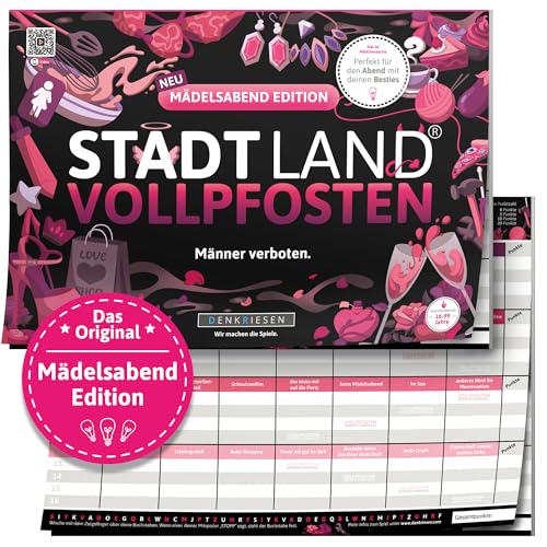 DENKRIESEN - Stadt Land VOLLPFOSTEN® – Mädelsabend Edition | DIN A4 Spielblock | Ab 16 Jahren | Familienspiel | Stadt Land Fluss | Kreative Kategorien für Freundinnen | Perfekt für den Mädelsabend von DENKRIESEN