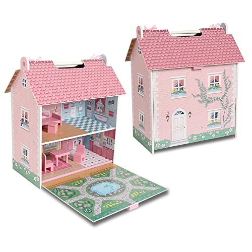 DEQUBE - Tragbares Puppenhaus aus Holz - 2-stöckiges Spielhaus mit Dachboden und Garten mit Griffen für einfachen Transport - Inklusive 7 Spielzubehör - Größe 39 x 34,5 x 18 (913D00017) von DQB DeQUBE