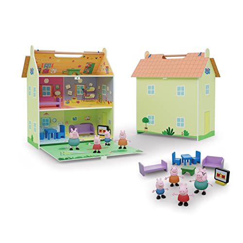 Peppa Pig Holzhaus mit 2 Etagen, mit Dachboden und Garten, tragbar, mit Dekoration im Haus von Peppa, inklusive 7 Zubehörteilen und 4 Figuren, Größe 39 x 34, 5 x 18 (Deqube 913D00073) von DQB DeQUBE