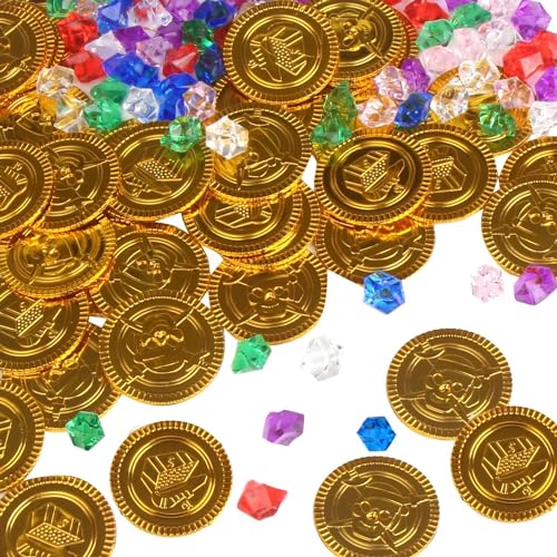 DERAYEE 144PC Piratenschatz Spielzeug Kinder 72Goldmünzen plus 72 Edelsteine Piraten Deko für Kindergeburtstag Party Piraten Mitgebsel,Spielset, Partyzubehör,Piratendeko von DERAYEE