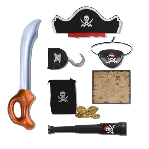 DERAYEE 17PC Piraten Kostüm zubehör,Piratenhut Augenklappe Fernrohr Piratensäbel Totenkopfbeutel Schatzkarte Goldenen Münzen für Erwachsene,Kinder,Jungen und Mädchen,Halloween, Karneval,Cos,party von DERAYEE