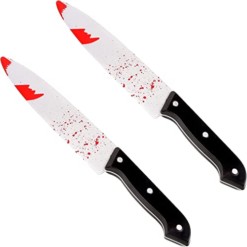 DERAYEE 2 Stück Halloween Messer, 30,5 cm Halloween Waffe mit Blut,Plastikmesser,Fake Messer für Halloween Deko, Dschungel,Cos,Mottoparty. von DERAYEE