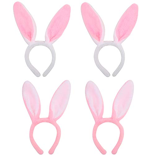 DERAYEE 4 Stück Hasenohren Stirnband Plüsch Stirnbänder Rosa Kaninchenohren für Kinder, Mädchen, Erwachsene Ostern Party Cosplay von DERAYEE