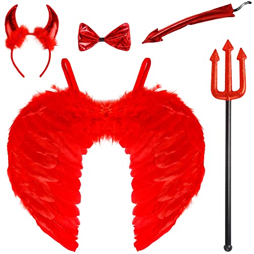 DERAYEE 5 Stücke Teufel Kostüm Kinder,rote Halloween Mädchen, Kostüm Zubehör,Red Devil Horns Set für Damen，Cosplay,Karneval,Halloween Party von DERAYEE