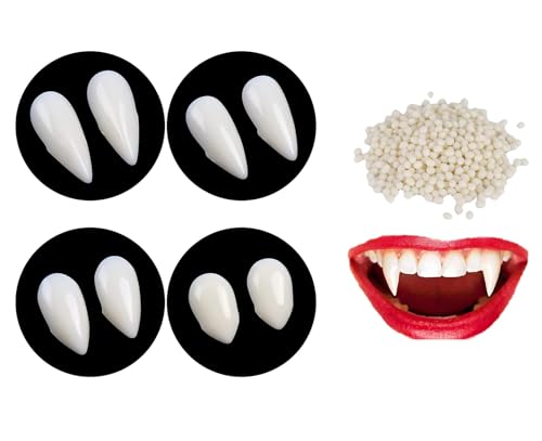 DERAYEE Vampir Fangs Kit 4 Größen Custom Fangs Vampire Zähne Gefälschte Zahnersatz mit 10 Gramm Zahnkleber Pellets Klebstoff für Cosplay Party Requisiten Halloween Party von DERAYEE