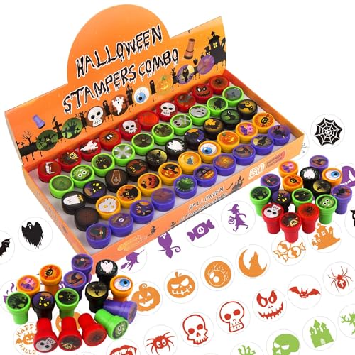 DERAYEE 50 Stück Stempelset,Selbstfärbend Stempel,Mehrfarbige Sticker Spielzeug für Karneval Party Halloween Erwachsene Kinder (Halloween) von DERAYEE