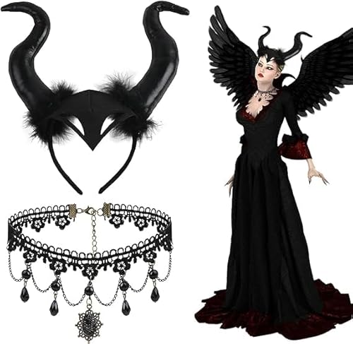 DERAYEE Haarband Dämonenhorn Kopfschmuck,Spitze Halskette Schwarz Set für Halloween Dekoration,Gothic, Cosplay, Damen, Mädchen, Hexen,Karneval,Party von DERAYEE