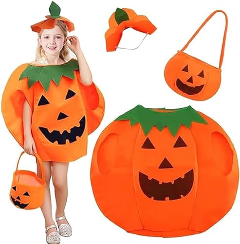 DERAYEE Kürbis Kostüm Kinder,Halloween Kürbiskostüm mit Pumpkin Candy Bag für Halloween,Karneval,Cosplay von DERAYEE