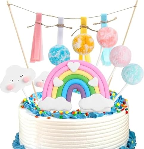 DERAYEE Regenbogen Wolken Tortendeko,Smiley Geburtstag Cake Topper Kuchen Dekoration für Kinder Mädchen Party von DERAYEE