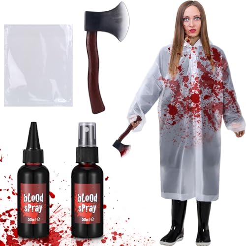 Halloween-Kostüm-Zubehör, Kunstblutspray, tropfendes Blut, Gel, Regenmantel, Schaumstoff-Ax, Cosplay, Party, gruseliger Horror-Killer, Verkleiden für Erwachsene von DERTE