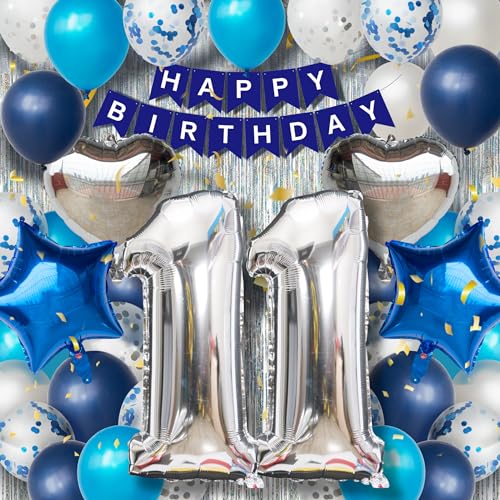 11. Geburtstagsdeko Jungen - Blau Silber Luftballon Set mit XXL Zahl 11, 40 Latexballons, 4 Folienballons, Silbervorhang & Happy Birthday Banner, Party Deko für 11 Jahre Jungen Geburtstag von DEUXYU