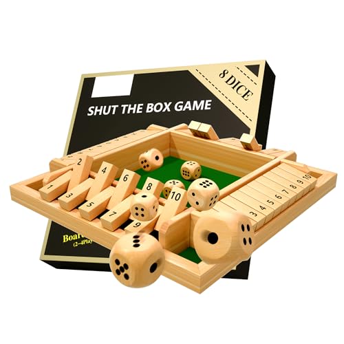 Shut The Box Spiel, DEUXYU Würfelspiel Brettspiel mit 8 Würfel, Shut The Box für 4 Spieler, Shut The Box Spiel zum Mathematik Lernspielzeug, Holzspiele Würfelspiel Brettspiel für Kinder, Erwachsene von DEUXYU