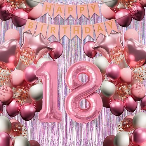 18. Geburtstagsdeko Mädchen, Rosa-Weiß Geburtstag Luftballons Set mit XXL Zahl 18, 40 Latexballons, 4 Folienballons, Rosavorhang & Happy Birthday Banner usw, Party Deko für 18-jährige Junge Frau von DEUXYU