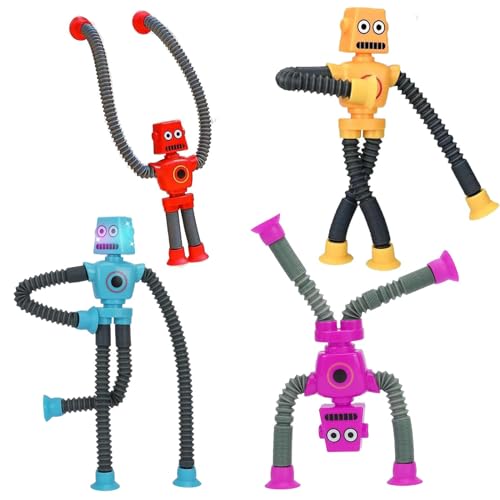 DEXYZZY Teleskop Saugnapf Roboter Spielzeug, Saugnapf Roboter Spielzeug, Stretchrohr Roboter Stressabbau Spielzeug, 4Stk Lustiges Pädagogisches Stressabbau-Spielzeug für Kinder und Erwachsene von DEXYZZY