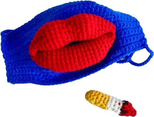 DEYROS Handgestrickte Wurst-Mund-Maske, lustige dicke Lippen-Gesichtsmaske mit Zigarette, lustige dicke Lippen-Strickmaske (Blau) von DEYROS