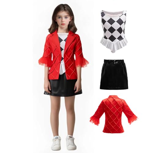 DGMYFY 2024 Quinn Cosplay Kostüme Kinder,Clown Kostüm Mädchen Kit enthalten Jacke,Innenoberteil,Kurzer Rock,Karneval Halloween Kostüme Mädchen von DGMYFY