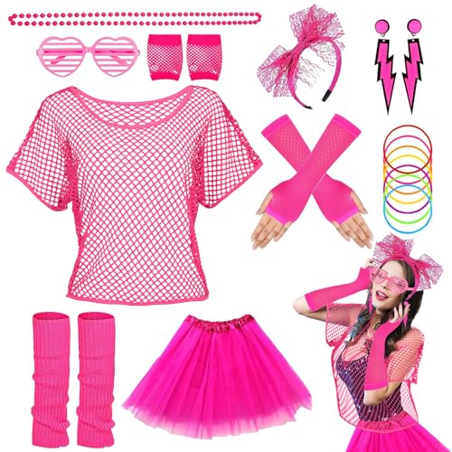 80er 90er Jahre Outfit Damen Eine Grösse passt allen, T-Shirt, Tutu,Gläser,Beinwärmer, Stirnband,Ohrring,Halskette,Netzhandschuhe,90er Jahre Outfit Damen 80er Kostüm, Neon Accessoires Mädchen Frauen von DGUSO