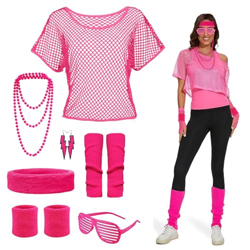 DGUSO 80er Jahre Outfit Damen, 80er Jahre Accessoires-Netzoberteil Damen, Beinstulpen, Stirnband, Ohrring, Halskette, 80er Jahre Outfit Damen Mottoparty für Halloween Karneval Cosplay Party (Rosa) von DGUSO