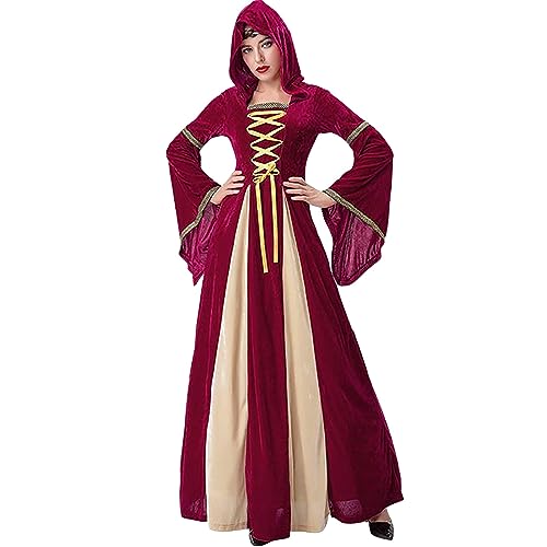 DGZTWLL Damen Renaissance-Mittelalter-Kostüm, Steampunk-Korsettkleid, Rüschen, geschichtet, Schnürung, irisches langes Überkleid, Cosplay, Wein, L von DGZTWLL