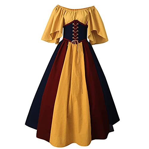 DGZTWLL Halloween-Kleider für Damen, 1950er Jahre Mittelalter-Kleidung, Retro-Renaissance-Kleid, IrishOver-Kostüm, Kleid, 03-gelb, XL von DGZTWLL