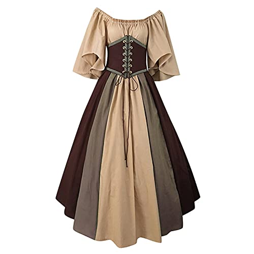 DGZTWLL Halloween-Kleider für Damen, 2024, mit Kordelzug, Fledermausärmel, Retro-Renaissance-Kleid, Kostüme, Cosplay-Kleid, 03-braun, 5XL von DGZTWLL