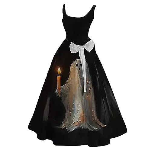 DGZTWLL Halloween-Kostüme 2024 für Damen, hohe Taille, lustiger Druck, lässig, ärmellos, Herbst, Hochzeit, Gästekleid, Schwarz #6, X-Large von DGZTWLL