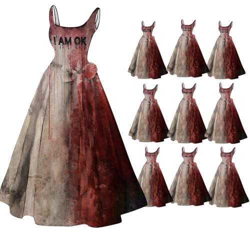 DGZTWLL Halloween-Kostüme für Frauen 2024, blutiges Halloween-Kleid, ausgestelltes Kleid, ärmellos, Cocktailkleid, Hochzeitsgästekleider, Pink-a, Large von DGZTWLL