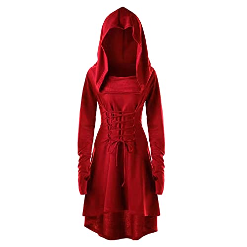 DGZTWLL Halloween Mittelalter Kostüme für Frauen Cosplay Kleid Kapuze Vintage Pullover Sweater Lange Hoodie Gothic Übergröße Mantel, Rot #3, M von DGZTWLL