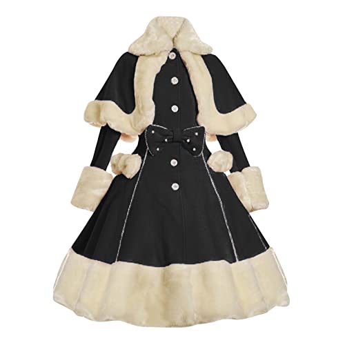 DGZTWLL Mittelalterliches Kleid für Damen, Prinzessin, Cosplay, Lolita-Kleid, Schleife, Vintage, Winter, flauschig, warm, Mantel, Kleid, Halloween-Kostüm, Schwarz (Black-b), 3XL von DGZTWLL