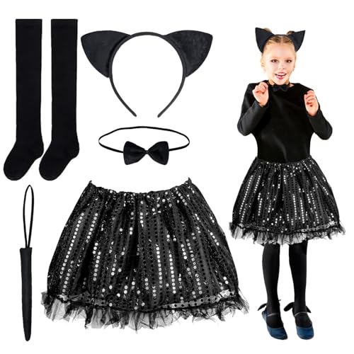 5tlg Katzenkostüm Kinder Katzen Kostüm Mädchen mit Schwarz Pailletten Tutu Rock Katzenohren Haarreif Fliege Katzenschwanz Süße Katze Cosplay Tierkostüm für Mädchen Halloween Karneval Fasching 5tlg Katzenkostüm Kinder Katzen Kostüm Mädchen mit Schwarz Pailletten Tutu Rock Katzenohren Haarreif Fliege Katzenschwanz Süße Katze Cosplay Tierkostüm für Mädchen Halloween Karneval Fasching von DHINCHANSAIB