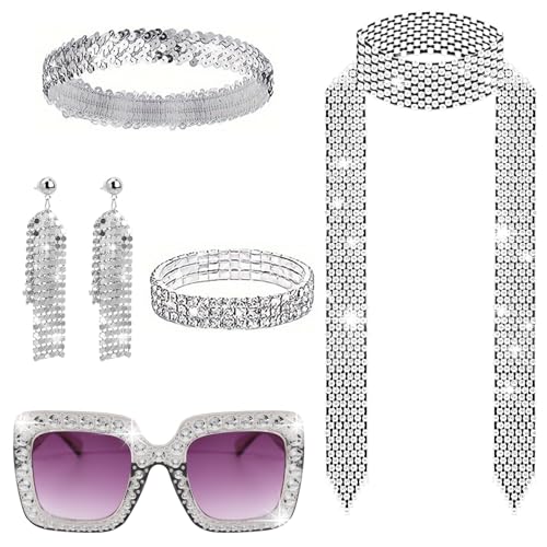 70er Jahre Disco Outfit Damen Accessories 6 Stück, 70er 80er Disco Pailletten Sonnenbrille Glitzer Haarband Quaste Ohrringe Strass Halskette Armband Kostüm Zubehör Set für Fasching Party Karneval von DHINCHANSAIB