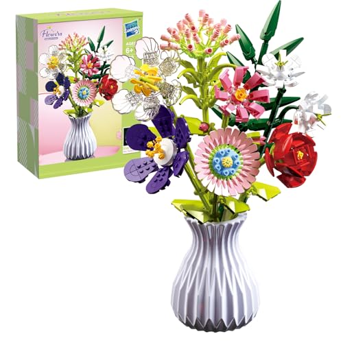 Blumenstrauß Klemmbausteine, 730Teile Blumenstrauß Bausatz, 8Künstliche Blumen Mit Vase, Botanical Kollektion Bauklötze Pflanzen Home Deko, Geschenk für Frauen Männer Kinder Jungen Mädchen 8-12+,Lila von DHINCHANSAIB