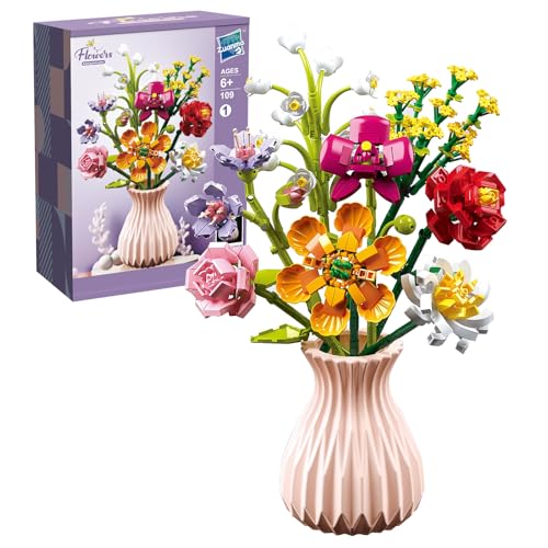 Blumenstrauß Klemmbausteine, 756 Teile Blumenstrauß Bausatz, 8 Künstliche Blumen Mit Vase, Botanical Kollektion Blumen Bauspielzeugsets, Einzigartige DIY-Heimdekoration für Kinder Mädchen Jungen,Beige von DHINCHANSAIB