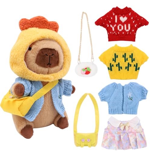 DHINCHANSAIB Capybara Plüschtier 8Pcs Set, 23cm Capybara Kuscheltier, Niedlichen Capybara Plushies mit Kleidung und Rucksäcken, Wasserschwein Kuscheltier, für Home Deko Kinder Geschenke von DHINCHANSAIB