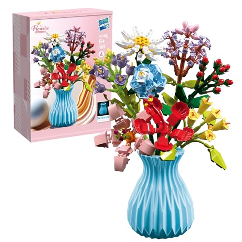 DHINCHANSAIB Blumenstrauß Klemmbausteine, 699Teile Blumenstrauß Bausatz, 8Künstliche Blumen Mit Vase, Botanical Kollektion Bauklötze Pflanzen Home Deko, Blau von DHINCHANSAIB