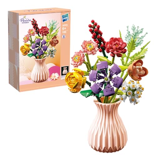 DHINCHANSAIB Blumenstrauß Klemmbausteine, 756Teile Blumenstrauß Bausatz, 8Künstliche Blumen Mit Vase, Botanical Kollektion Bauklötze Pflanzen Home Deko (Beige Vasen) von DHINCHANSAIB