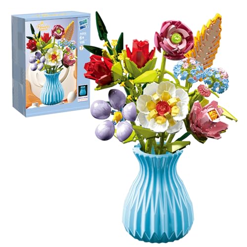 Blumenstrauß Klemmbausteine, 756 Teile Blumenstrauß Bausatz, 8 Künstliche Blumen Mit Vase, Botanical Kollektion Blumen Bauspielzeugsets, Einzigartige DIY-Heimdekoration für Kinder Mädchen Jungen, Blau von DHINCHANSAIB