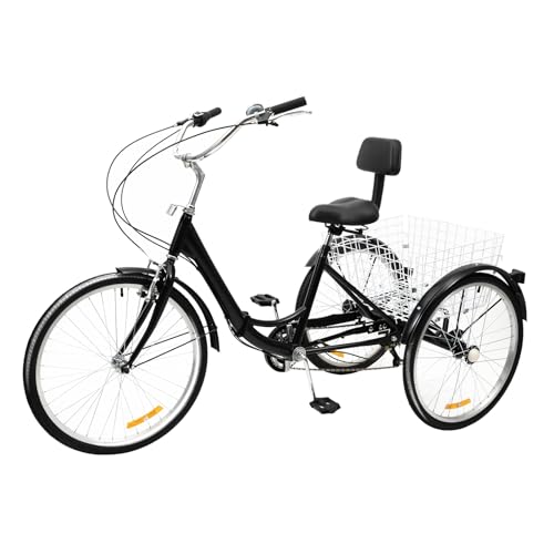 Dreirad für Erwachsene Fahrrad Erwachsenendreirad Tricycle, 24 Zoll 3 Räder 7 Gang Dreiräder mit LED Licht Gemüsekorb, Erwachsene Dreirad für Erholung, Einkaufen, Picknicks, Belastung: 95 kg von DHQCQL