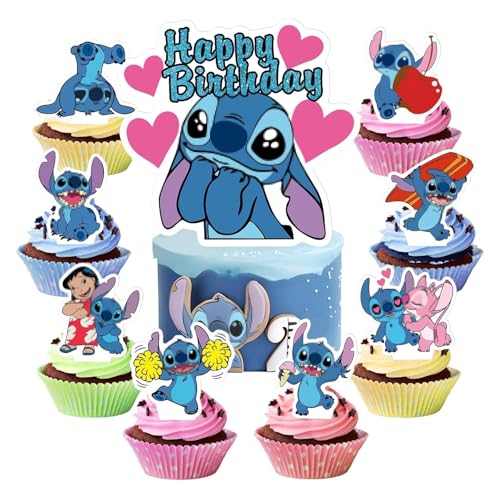 25 Stück Blau Tortendeko,Cartoon Blau Kuchen Deko Geburtstagsdeko Jungen Mädchen, 1 Happy Birthday Cake Topper + 25 Cupcake Topper, für Geburtstagsfeier, Baby Shower von DHRUTI