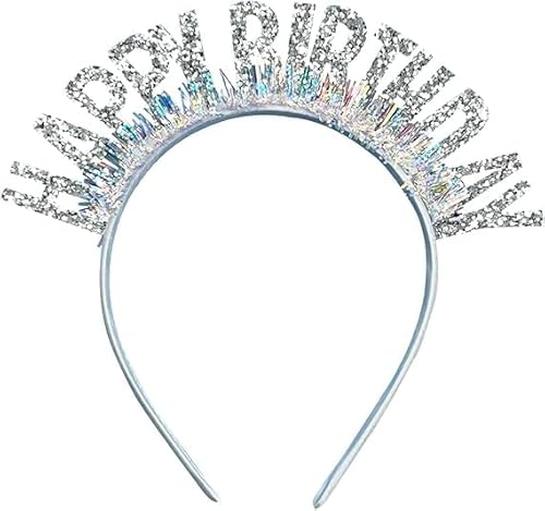 DHRUTI Geburtstagskronen Mädchen Stirnband Happy Birthday Haarband Geburtstag Bling Strass Stirnband Prinzessin Glitter Haarschmuck, Happy Birthday Zubehör für Geburtstagsfeier (Silber) von DHRUTI