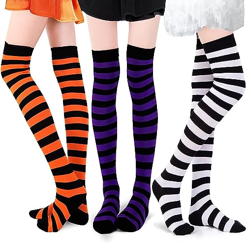 DHRUTI Halloween Overknee Strümpfe Kniestrümpfe,3 Paare Lange Gestreifte Socken Mädchen Thigh High Socks Orange Weiß Lila Schwarz für Halloween Cosplay Party Kostüm von DHRUTI