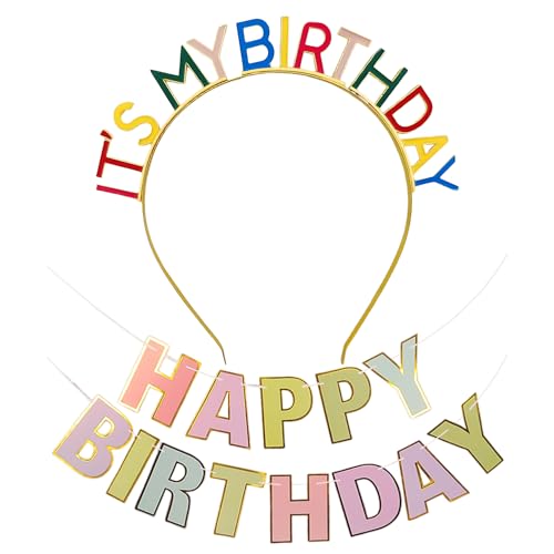 1 Geburtstags-Stirnband, 1 Geburtstags-Flagge, Geburtstagszubehör, Happy Birthday-Stirnband, Geburtstagskrone für Erwachsene, Kronen-Stirnband, Geburtstags-Prinzessinnenkrone, Happy Birthday-Krone von DHSBGWSX