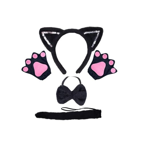 DHWEKU Katze Cosplay Set,Katzenohren Stirnband Kätzchen Schwanz Ohren Kragen Pfoten Handschuhe Party Kostüm Set für Kinder Mädchene von DHWEKU