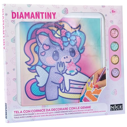 DIAMANTINY Design Art Kawaii Einhorn mit Torte auf Leinwand, mehrfarbig, 90037 von DIAMANTINY