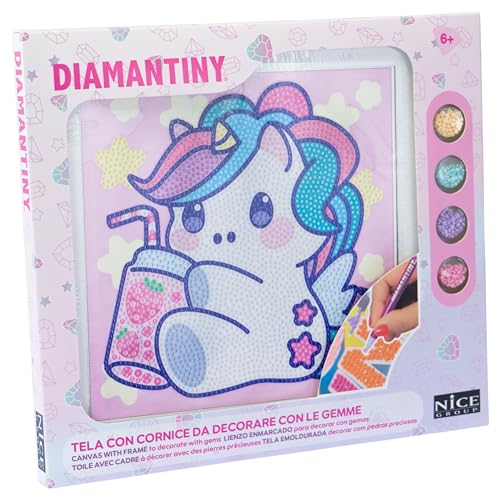 DIAMANTINY Design Kunst Kawaii Einhorn mit Getränk auf Leinwand, mehrfarbig, 90036 von DIAMANTINY