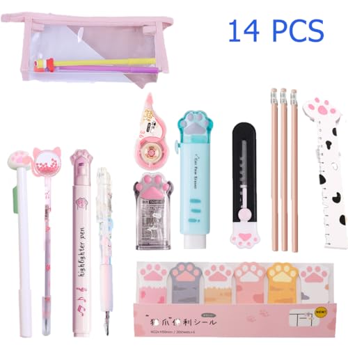 DIBALIYI 14 PCS Niedliche Katzenpfoten Pfote Schreibwaren Set, Kawaii Cartoon Mini Bleistiftspitzer Einziehbarer Radiergummi, Korrekturband, Punktierstifte, Lineal, Haftnotizen für Katzenliebhaber von DIBALIYI