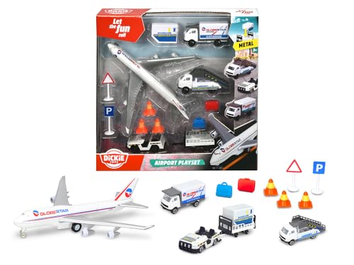 DICKIE 186390 Toys Flughafen Spielzeugset, Airport Set bestehend aus 3 Autos, 1 Flugzeug, Zubehör, gesamt 13 Teile, für Kinder ab 3 Jahren von Dickie Toys