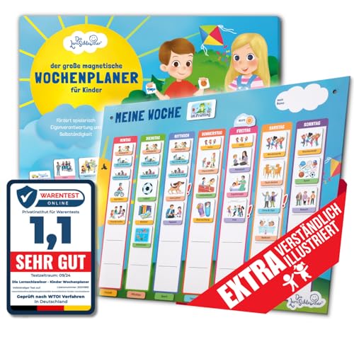 DIE LERNSCHLAWINER® - Premium Montessori Wochenplaner für Kinder – 100% Baumwoll-Sammelbeutel, über 200 Magnete, - beschreib-und abwischbar - bezaubernd illustriert von DIE LERNSCHLAWINER