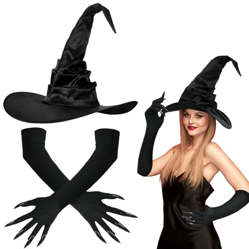 DIELIANHUA 2 Stück Hexenhut & Handschuhe mit Langen Nägeln Set, Faltbarer Hexenmütze und 45CM Halloween Lange Fingernägel Handschuh, Hexen Zubehör für Halloween, Karneval, Cosplay, Maskerade DIELIANHUA 2 Stück Hexenhut & Handschuhe mit Langen Nägeln Set, Faltbarer Hexenmütze und 45CM Halloween Lange Fingernägel Handschuh, Hexen Zubehör für Halloween, Karneval, Cosplay, Maskerade von DIELIANHUA